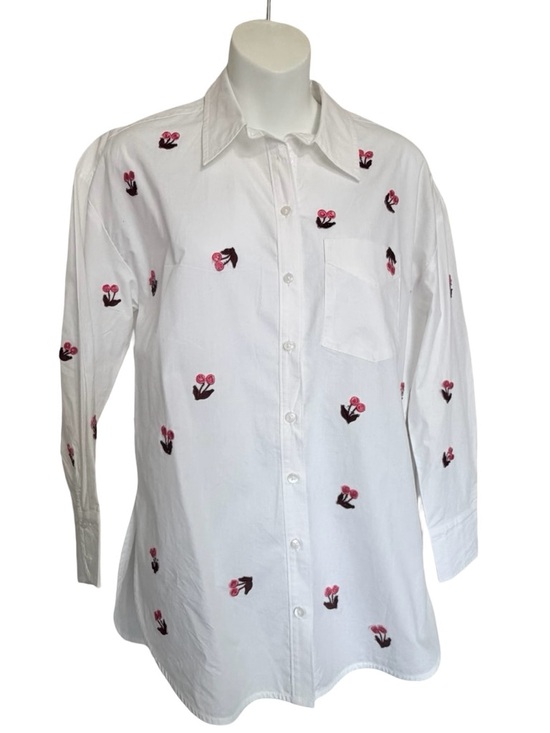 Maeve Tops - Maeve White Shirt with Pink Cherries and Burgundy Leaves from Anthropologie